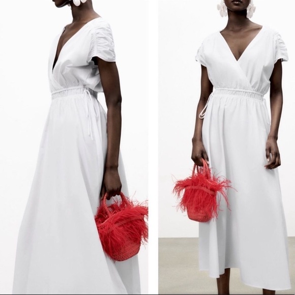 Zara white elastic waist cotton poplin dress - Picture 3 of 7